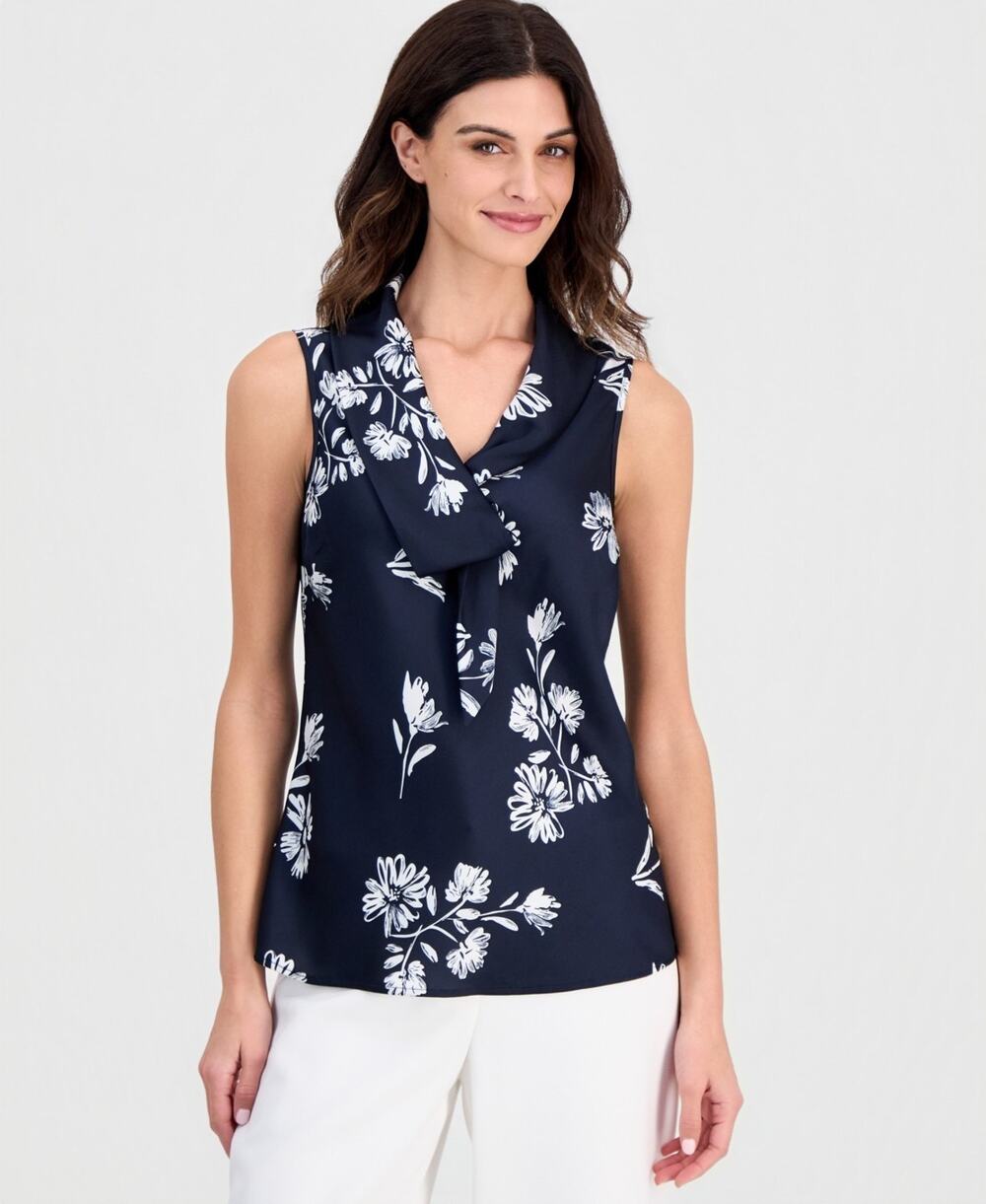 Tahari ASL Women's Sleeveless Sailor Tie-Neck Top Blue Size XL 3863